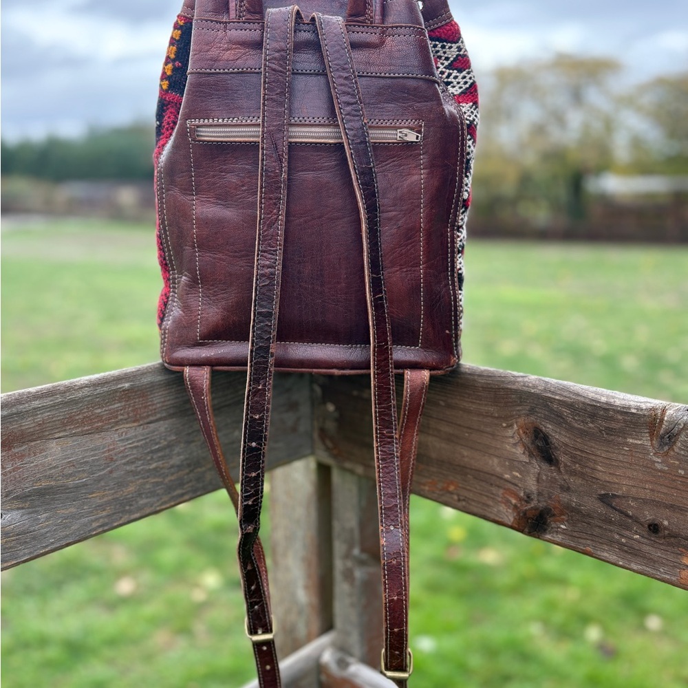 Vintage Kilim & Leather Backpack | Boho Tribal Woven Bag | Southwestern Purse - Picture 7 of 10